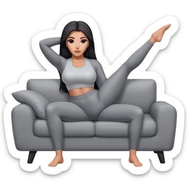 hyper-realistic kim kardashian in gray yoga pants lying on couch comfy sticker