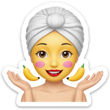 classic yellow smiley emoji face with big smile, eyelashes, blush on cheeks, wearing a white towel turban, lipstick floating next to the face sticker