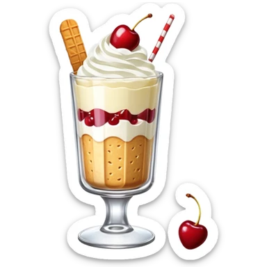A tall glass parfait with vanilla ice cream, whipped cream, red cherry on top, and biscuit sticks, served in a retro kissaten glass. sticker
