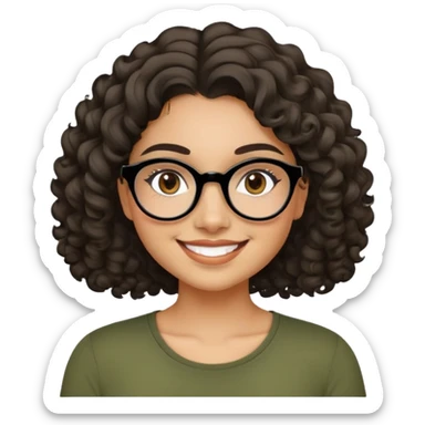 Young Latina woman with light tan skin. Round friendly face with dimples when smiling. Dark brown eyes behind black-framed glasses. Thick arched eyebrows. Shoulder-length curly voluminous hair. Big smile. Wearing an olive green top. sticker