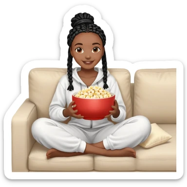 A dark-brown-skinned Black woman with black box braids, holding a large bowl of popcorn in her lap, smiling , wearing comfy loungewear sitting on couch sticker