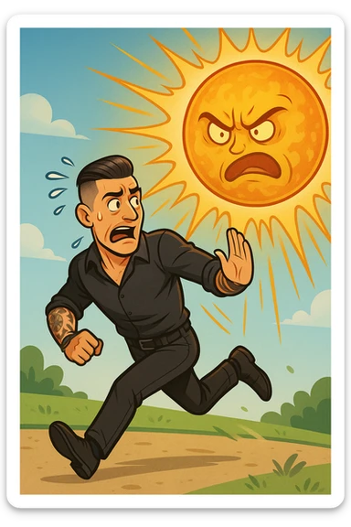 Uomo che corre via dal sole spaventato perchè pensa sia nocivo sticker