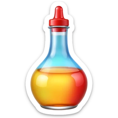 A 3D Apple-style beverage bottle emoji, transparent glass filled with colorful liquid (like soda or juice), shiny surface with light reflections, simple round body with a narrow neck and cap, clean minimal background. sticker