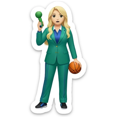Full Body white plus size female basketball head coach with whistle with long blonde hair in a blue and green suit sticker