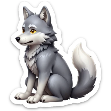 cinematic-[wolf]-realistic-full-body-sitting-emoji,-tail-resting-loosely-beside-its-paws,-head-tilted-dramatically, -scruffy-[grey]-fur,-simplified-yet-realistic-focused-features,-highly-detailed,-glowing-with-an-almost-sarcastic-glow sticker