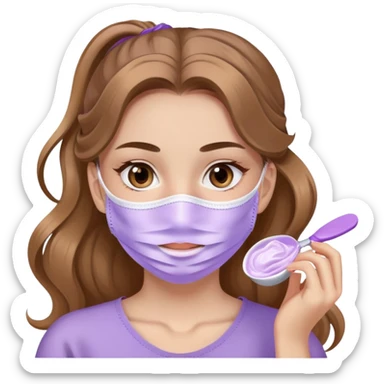 girl with long wavy light brown hair in ponytail applying lilac face mask skincare sticker