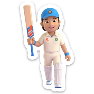emoji-style illustration of Sachin Tendulkar celebrating a cricket century, cheerful smile, simplified and bold features, holding cricket bat raised in triumph, joyful expression, wearing cricket attire, impression of excitement and achievement, fun and lively emoji sticker