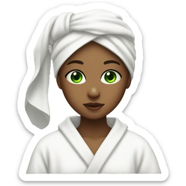 A girl with green eyes with a mask on her face, wearing a white towel on her head and a white robe sticker