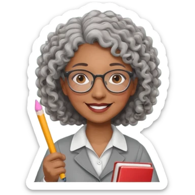 woman teacher, brown skin, curly grey hair, old, wearing glasses, hold chalk on hand sticker
