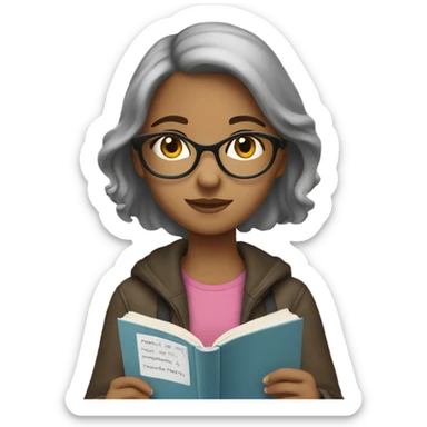 girl reading book, black eyes, Hispanic, grayish hair, wearing classes  sticker