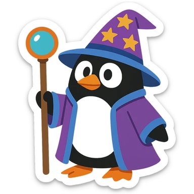 fun and whimsical penguin dressed as a wizard, with a pointy hat and a magic staff sticker
