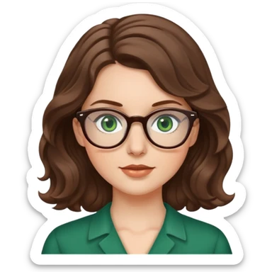 White girl with medium length brown wavy hair, glasses, and green eyes sticker