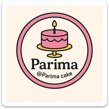 Update the second logo from the left with the text Parima instead of Prima Cake and replace the contact information with @Parima cake. Keep the design and layout the same. sticker