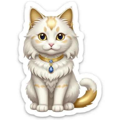Fancy white fluffy long-haired sophisticated elegant sitting pet cat with a gold-sapphire collar (full body)  sticker