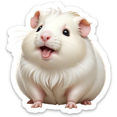 Cinematic Cute Yawning White Guinea Pig Portrait Emoji, Head tilted slightly with a dramatic, wide-open yawn, revealing a soft, downy white fur with tiny drooping ears, round dark eyes barely open in drowsy contentment, Simplified yet irresistibly adorable features, highly detailed, glowing with a soft, cozy glow, high shine, relaxed yet expressive, stylized with a touch of whimsy, bright and endearing, soft glowing outline, capturing the essence of a sleepy yet affectionate guinea pig, so drowsy it feels like it could stretch right out of the screen and curl up for a nap! sticker
