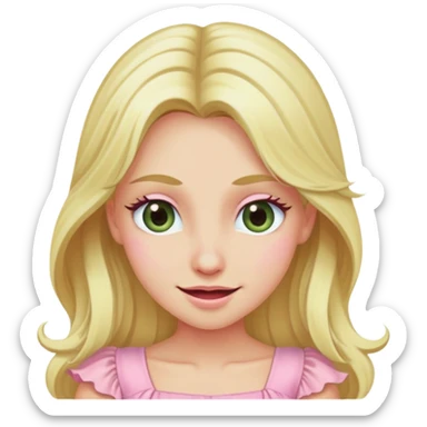 blonde with long hair and swamp eyes in a pink pastel dress, winking sticker