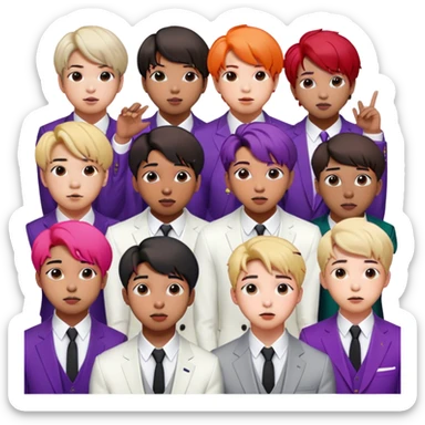 Cinematic Realistic group portrait of BTS featuring all 7 members in stylish modern attire, with detailed facial expressions and vibrant colors, captured in dynamic, contemporary lighting that emphasizes their global pop icon status sticker