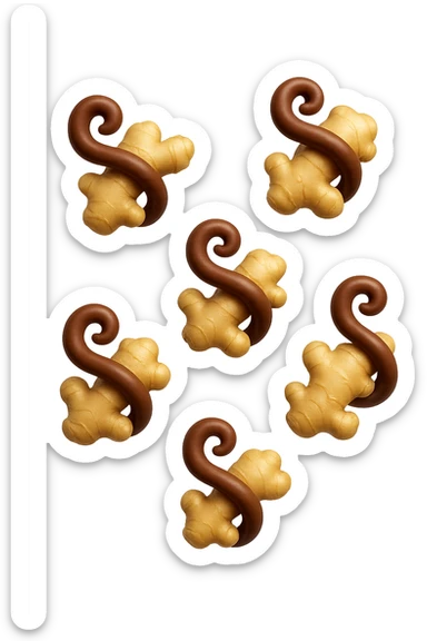 emoji stile iphone 3d di 6 piccoli pezzi di zenzero che fluttuano in aria con pezzi di colon arrotolati intorno, iperrealistico 4k sticker