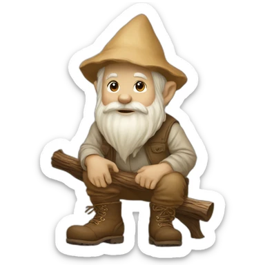 side view of gnome with light tan pants and light tan boots squatting in front of small brown log sticker