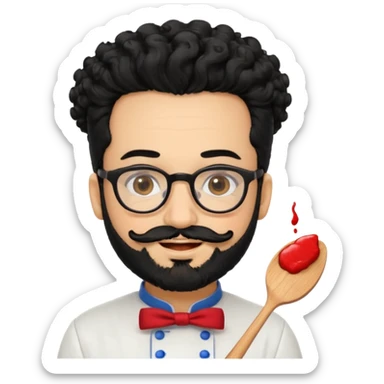 CHEF CON PELO NEGRO RIZO Y BARBA NEGRA, OJOS MARRON OSCURO Y GAFAS DE PASTA NEGRAS. SONRIE Y TIENE MARCAS DE BESOS CON FORMA DE LABIOS EN LAS MEJILLAS (COMO MANCHAS DE PINTALABIOS) sticker