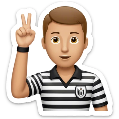 Create a soccer referee that's raising one hand upwards and the other hand is down, and put a whistle in his mouth sticker