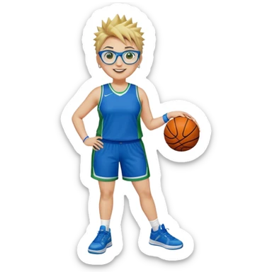 Full Body plus size white female basketball player with medium brown with blond hair with short spike hair wearing blue glasses 
With a small wide nose wearing blue green uniform  green sneakers smiling wearing silver hoop earring  sticker