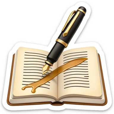 Create a vibrant emoji representing prose writing. The design should feature a classic fountain pen or quill in black, with black ink flowing from it onto an open notebook or paper. The ink should have a smooth, flowing effect to evoke creativity and storytelling. Use warm, earthy tones like brown, gold, and cream for the background elements. The emoji should convey literary elegance and artistic expression. Make the background transparent. sticker