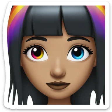 white girl blue eyes with long black hair and rainbow fringe. Wearing black crop top and with dark eye makeup on her eyes sticker
