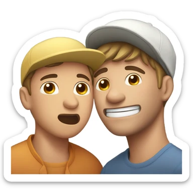 A guy biting his neck and having a hat on trying to raise a person with blush on its face with a cap on sticker