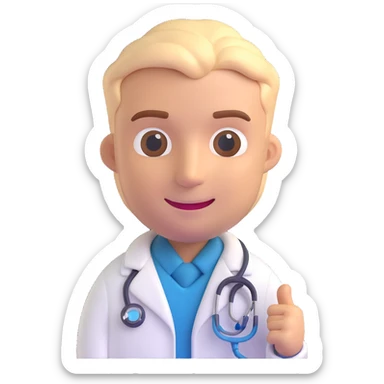 male doctor 3D emoji style, smiling, white coat, stethoscope, friendly and approachable sticker