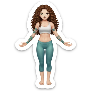 full body woman long curly brown hair brown eyes white skin tattoos muscular build lily pond spirit stance sticker