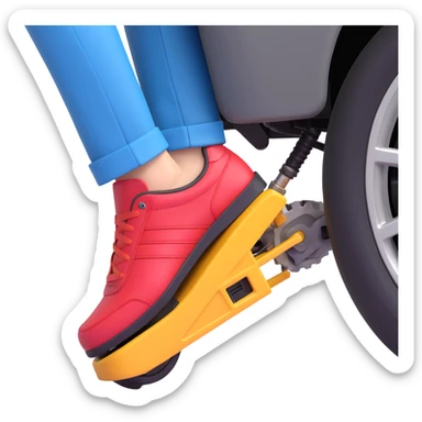 A clean 3D emoji-style illustration of a single right foot pressing down on gas pedal. Only the foot and the pedal are shown, viewed from the side. The pedal is slightly tilted to show pressure. No background, simple colors, minimal details sticker