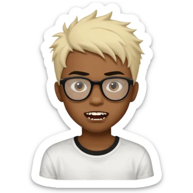 Black Male Teenager with Short punk messy blonde hair, Dark brown bushy eyebrows large expressive golden-brown eyes, wearing a plain white t-shirt, wearing thick black glasses, Dark Brown skin color. Showing off his singular vampire tooth sticker