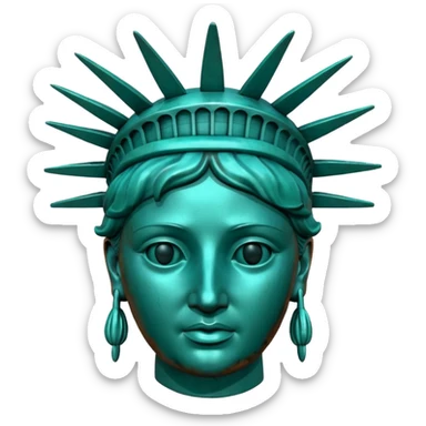 3D render of Statue of Liberty Head, heavily oxidized copper texture, verdigris patina, Classic teal copper texture, weathered bronze aesthetic, ancient decay, Apple emoji style, isolated on white background --v 6.0. sticker