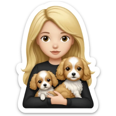 Make a girl with brunette/black straight long hair holding a blonde cavapoo dog sticker