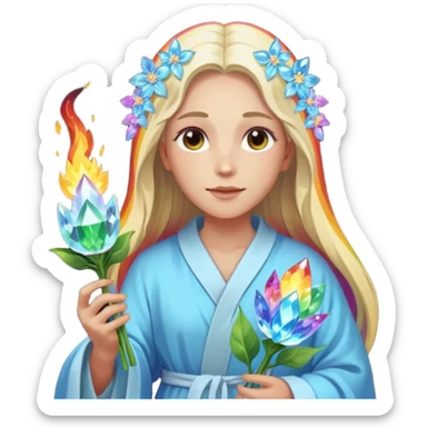a being made of light pleidian nordic long faces but beautiful features of light with a robe on made of light and who is lanky holding a bouquet of crystal flowers on rainbow fire sticker
