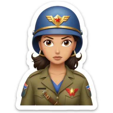 Female full confidence battle ready soldier heroically saving lives accompanied by Wonder Woman , with shelling happening all around sticker