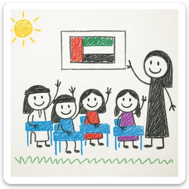 classroom with Emirati children raising hands to answer a question, teacher smiling, UAE flag displayed on a bulletin board, bright and playful style for children sticker