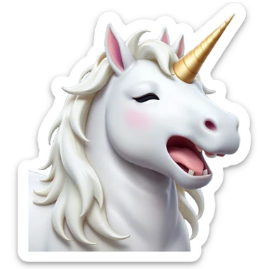 Cinematic Cute Yawning White Unicorn Portrait Emoji, Head tilted slightly with a dramatic, wide-open yawn, showcasing a softly elegant form with a gently cascading mane, a subtly glowing horn and sleepy, half-closed eyes, Simplified yet irresistibly adorable features, highly detailed, glowing with a soft, cozy magical glow, high shine, relaxed yet expressive, stylized with a dash of whimsical enchantment, soft glowing outline, capturing the essence of a drowsy yet affectionate white unicorn that appears ready to stretch and yawn its way out of the screen! sticker