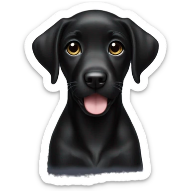 happy black labrador female puppy with small white chest sticker