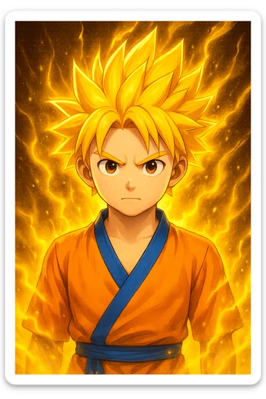 Add a glowing power-up aura around the spiky-haired anime hero. Keep the background transparent. The style should resemble a vibrant anime illustration with dynamic glowing effects around the character's hair and body. sticker