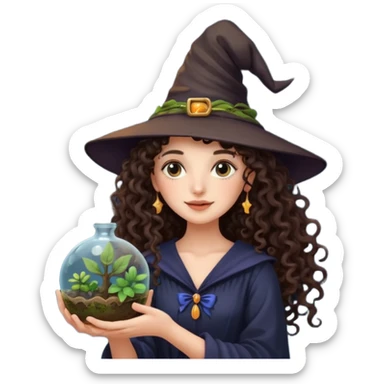 A long curly haired brunette girl with a moon, witch hat, holding a plant terrarium sticker