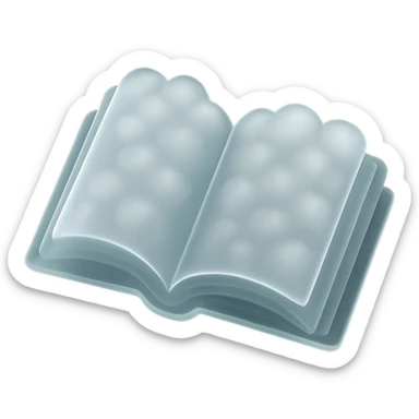 thick open book made of small very bright white fluffy convex clouds, matte glass style sticker