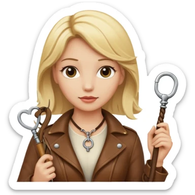 Dominatrix with blonde hair, key necklace, and a whip sticker