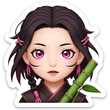 cute Nezuko from Demon Slayer with bamboo muzzle in her mouth and pink eyes sticker