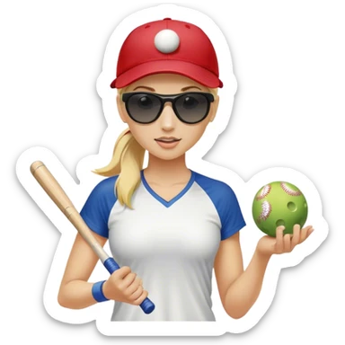 Woman with blond hair in a ponytail wearing a baseball cap and sunglasses holding only one pickleball sticker