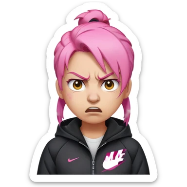angry emoji with steam coming out of nose, pink hair, wearing black Nike jacket, light skin tone sticker