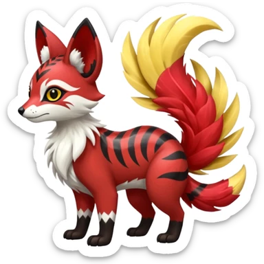 Futuristic sanguine-red banana-yellow black chevron-marked furry fluffy floofy feathery tribal marked Genet-Absol-Kyurem-Zeraora-Primagen-fusion-creature  sticker
