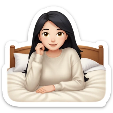 A woman with longer black hair, light to medium skin tone, full cheeks, and almond-shaped eyes, wearing a simple white sweater, lying comfortably on a bed with soft lighting, joyful and radiant expression sticker