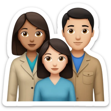 three people, one white girl with brown hair, one hispanic man with dark hair, and one tan asian woman with black hair, as a poly couple emoji sticker